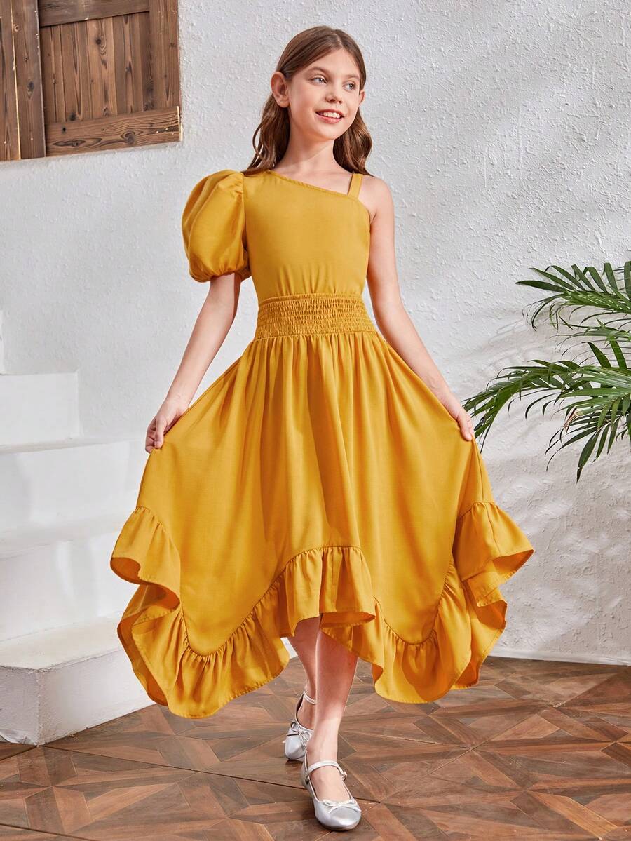 SHEIN Cô gái Tween Cổ không đối xứng Ống tay áo Áo & Xù Hoa Sen Váy - Màu Mù tạt vàng - Xem 1