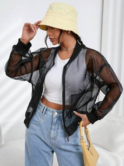 SHEIN EZwear Zip Up Sheer Mesh Bomber Jacket | SHEIN USA