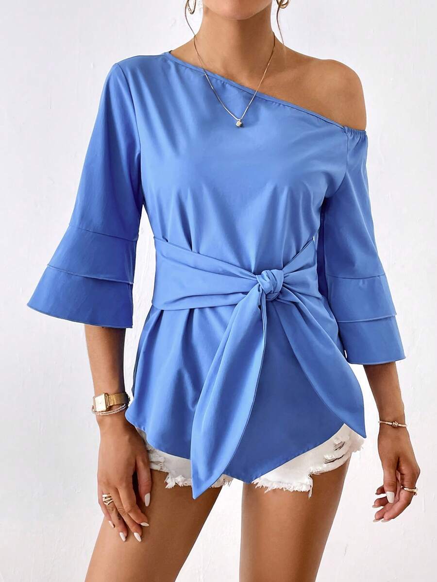 SHEIN Privé Cổ không đối xứng Nút phía trước Áo sơ mi - Màu xanh lam - Xem 1