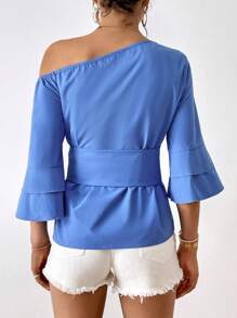 SHEIN Privé Cổ không đối xứng Nút phía trước Áo sơ mi - Màu xanh lam - Xem 2