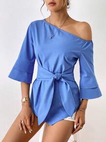 SHEIN Privé Cổ không đối xứng Nút phía trước Áo sơ mi - Màu xanh lam - Xem 5