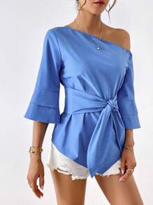 SHEIN Privé Cổ không đối xứng Nút phía trước Áo sơ mi - Màu xanh lam - Xem 6