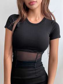 DAZY Solid Contrast Mesh Tee - Black - View 1