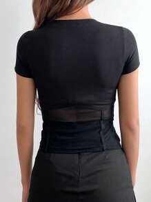 DAZY Solid Contrast Mesh Tee - Black - View 2