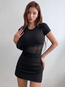 DAZY Solid Contrast Mesh Tee - Black - View 3