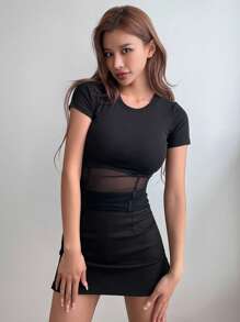 DAZY Solid Contrast Mesh Tee - Black - View 4