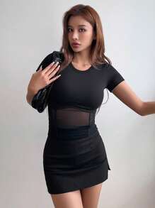 DAZY Solid Contrast Mesh Tee - Black - View 6