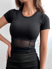 DAZY Solid Contrast Mesh Tee - Black - View 7