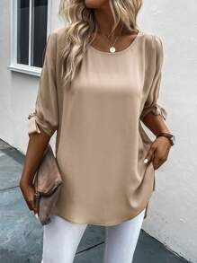 EMERY ROSE 素色打結袖口開衩袖襯衫 - 卡其色 - 查看 3