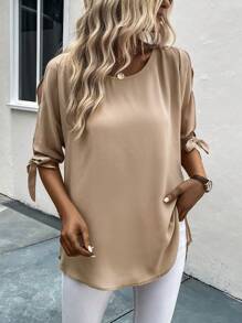 EMERY ROSE 素色打結袖口開衩袖襯衫 - 卡其色 - 查看 5