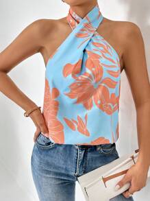 SHEIN Privé Top halter con estampado floral cruzado - Azul - Ver 1