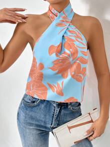 SHEIN Privé Top halter con estampado floral cruzado - Azul - Ver 3