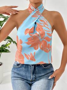 SHEIN Privé Top halter con estampado floral cruzado - Azul - Ver 5