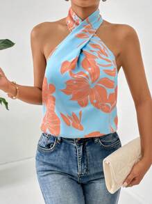 SHEIN Privé Top halter con estampado floral cruzado - Azul - Ver 6