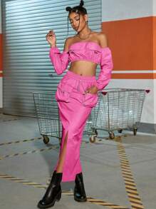 Off Shoulder Crop Top & Split Thigh Skirt - Hot Pink - View 1