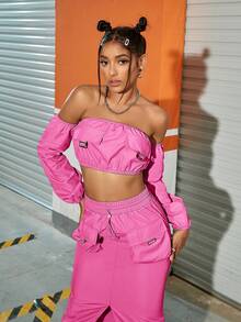 Off Shoulder Crop Top & Split Thigh Skirt - Hot Pink - View 4