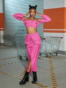 Off Shoulder Crop Top & Split Thigh Skirt - Hot Pink - View 5