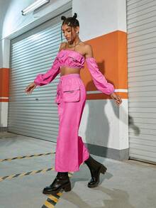 Off Shoulder Crop Top & Split Thigh Skirt - Hot Pink - View 6