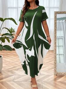 SHEIN LUNE Đầm Maxi In Họa Tiết Plus Cho Nữ - Màu xanh lá cây đậm - Xem 3