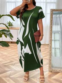 SHEIN LUNE Đầm Maxi In Họa Tiết Plus Cho Nữ - Màu xanh lá cây đậm - Xem 4