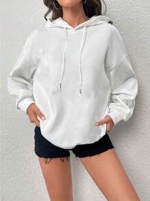 SHEIN EZwear Cartoon & Slogan Graphic Drop Shoulder Hoodie - White - View 2
