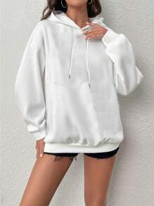 SHEIN EZwear Cartoon & Slogan Graphic Drop Shoulder Hoodie - White - View 3