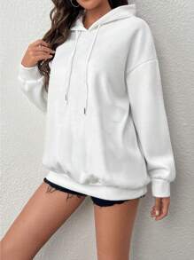 SHEIN EZwear Cartoon & Slogan Graphic Drop Shoulder Hoodie - White - View 4