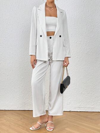 SHEIN Privé 條紋印花雙排釦西裝外套和西裝褲