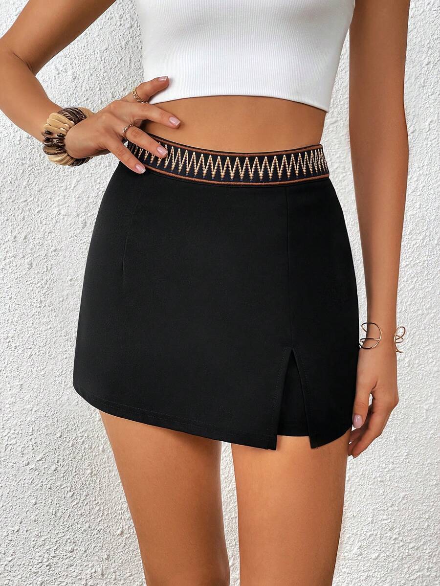 SHEIN Privé 拼接邊下擺開叉裙裤 - 黑色 - 查看 1