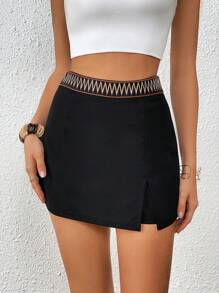 SHEIN Privé 拼接邊下擺開叉裙裤 - 黑色 - 查看 3