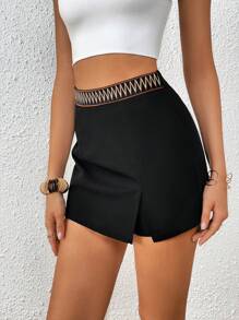 SHEIN Privé 拼接邊下擺開叉裙裤 - 黑色 - 查看 5