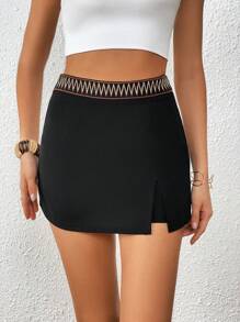 SHEIN Privé 拼接邊下擺開叉裙裤 - 黑色 - 查看 6