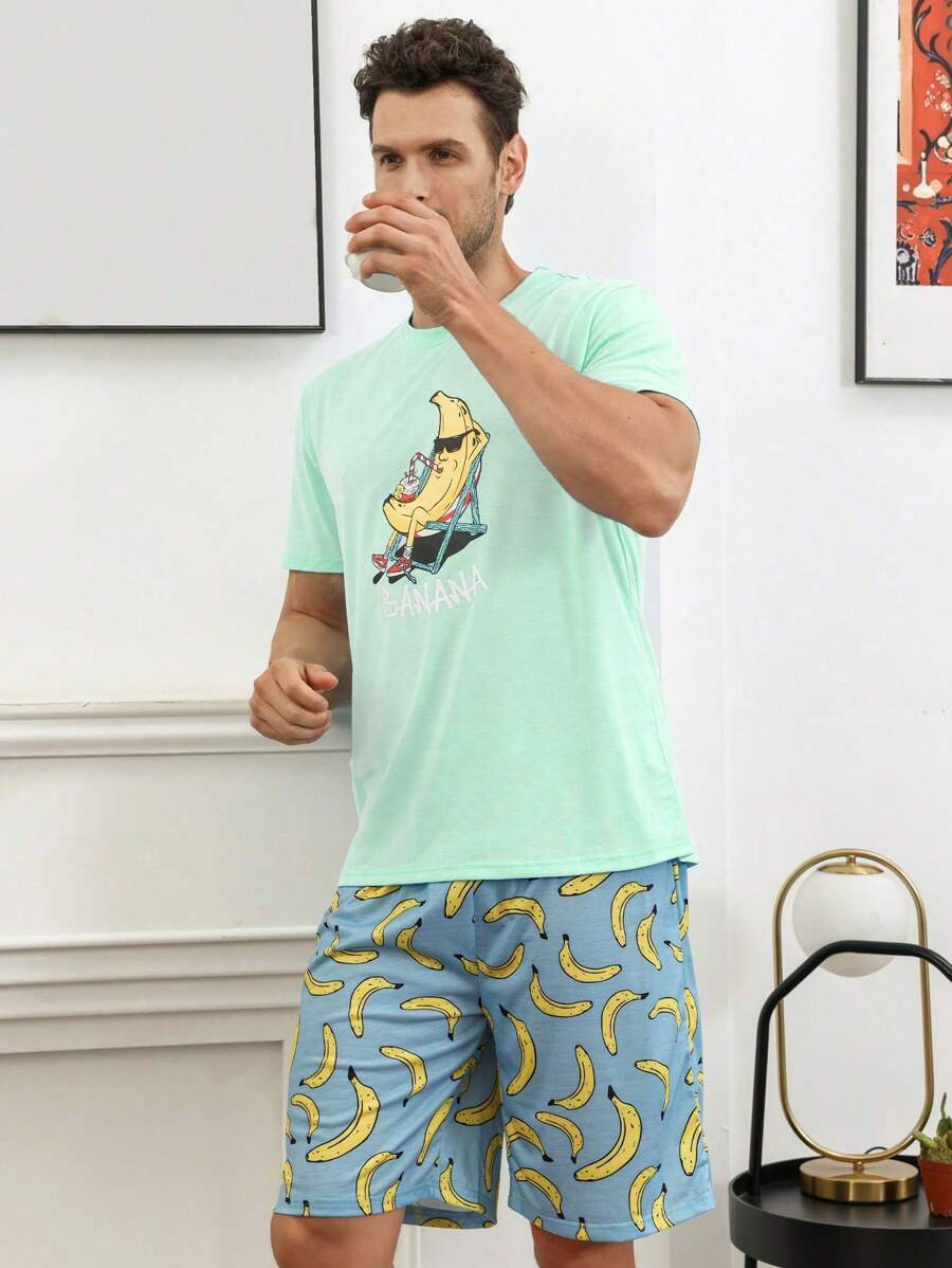 Hombres Conjunto de pijama con dibujos animados con estampado de plátano - Multicolor - Ver 1