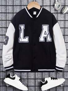 SHEIN Tween Boy Letter Graphic Two Tone Varsity Jacket - Black and White - View 1