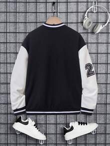SHEIN Tween Boy Letter Graphic Two Tone Varsity Jacket - Black and White - View 2