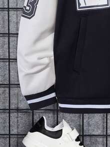 SHEIN Tween Boy Letter Graphic Two Tone Varsity Jacket - Black and White - View 3