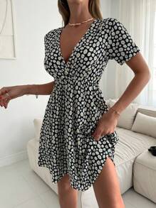 EURMUSE Women's Daisy Print Wrap V-Neck Short Sleeve Casual Dress - Multicolor - View 1