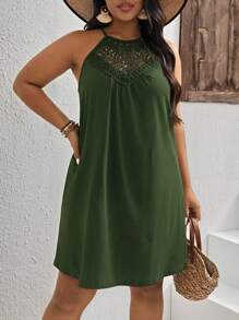 SHEIN LUNE Plus Contrast Guipure Lace Halter Neck Dress - Army Green - View 1