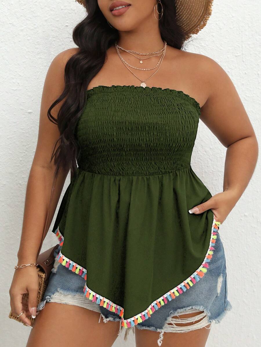 SHEIN VCAY 大碼流蘇邊不對稱下擺抹胸上衣 - 軍綠色 - 查看 1