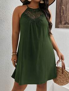 SHEIN LUNE Plus Contrast Guipure Lace Halter Neck Dress - Army Green - View 3