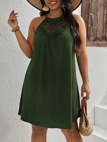 SHEIN LUNE Plus Contrast Guipure Lace Halter Neck Dress - Army Green - View 4
