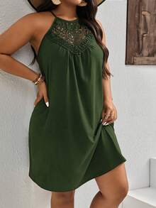 SHEIN LUNE Plus Contrast Guipure Lace Halter Neck Dress - Army Green - View 5
