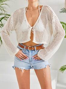 Tie Front Open Knit Cardigan - Màu be - Xem 3