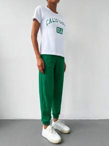 EURMUSE Letter Graphic Tee & Elastic Waist Joggers - Green - View 3