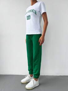 EURMUSE Letter Graphic Tee & Elastic Waist Joggers - Green - View 4