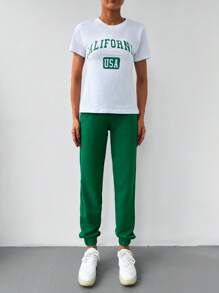 EURMUSE Letter Graphic Tee & Elastic Waist Joggers - Green - View 5