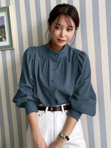 DAZY Simple Solid Color Business Casual Shirt, Versatile Long Sleeve Top - Dusty Blue - View 1