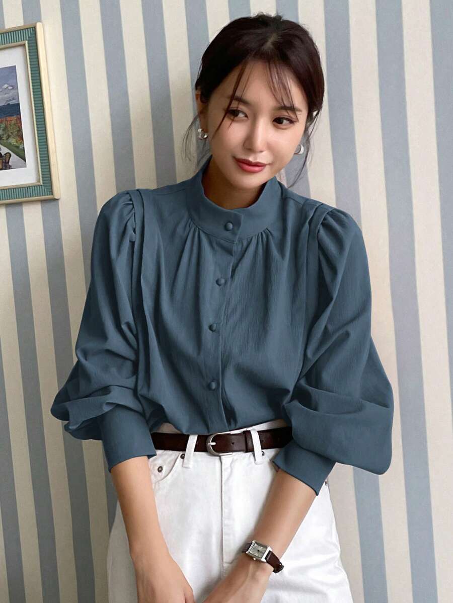 DAZY Simple Solid Color Business Casual Shirt, Versatile Long Sleeve Top - Dusty Blue - View 1