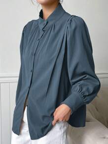 DAZY Simple Solid Color Business Casual Shirt, Versatile Long Sleeve Top - Dusty Blue - View 3