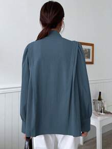 DAZY Simple Solid Color Business Casual Shirt, Versatile Long Sleeve Top - Dusty Blue - View 4